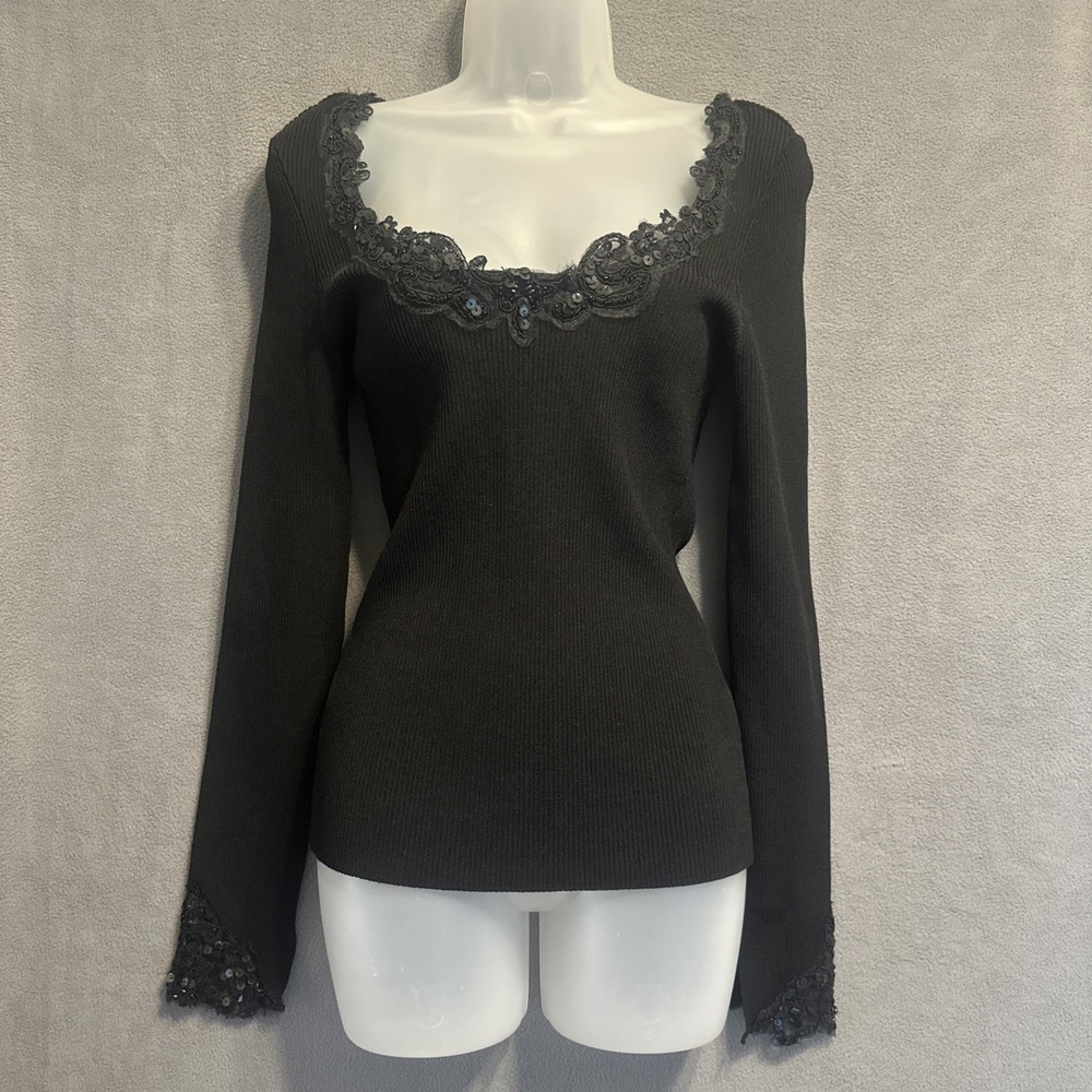 VTG Y2K Cache Ribbed Knit Sweater Top Size M Black Beaded Trim Fairy Grunge